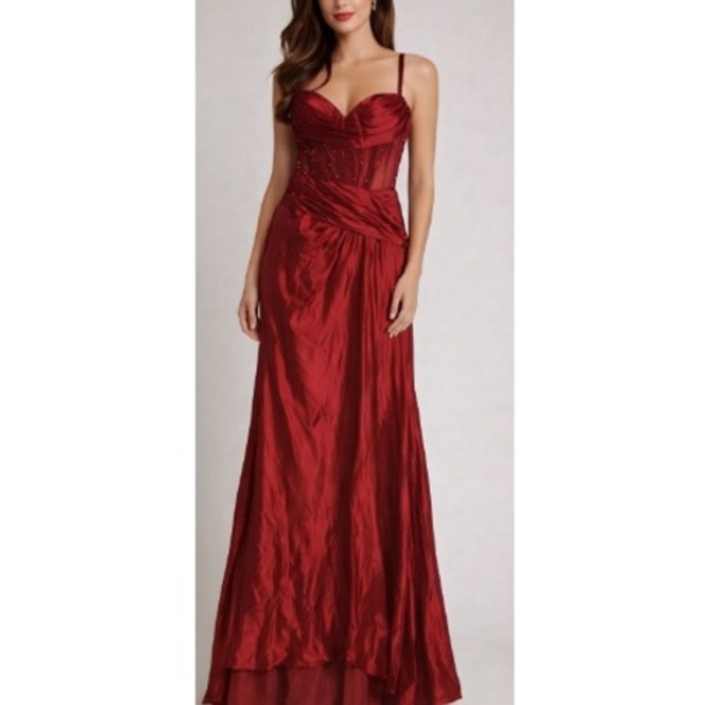 Stacees Women's Burgundy Off Shoulder Silk Satin Sweep Prom Dress Size 12‎ NWT